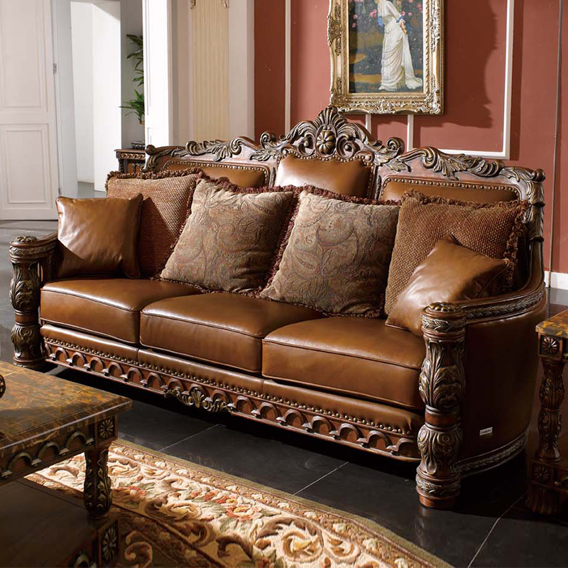 美沙发实木欧式实木沙发组合123客厅美式复古雕花小牛皮沙发别墅 单人