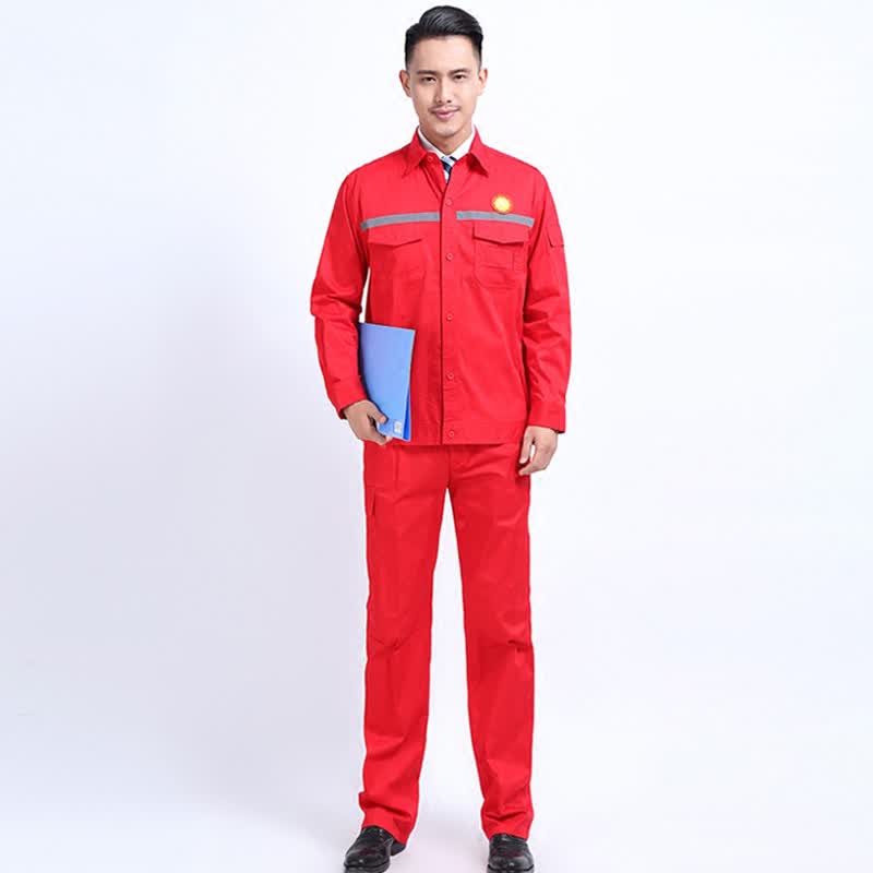 爱兰娑石油工作服夏装红色防静电工服长袖套装反光条服中石油油田工装