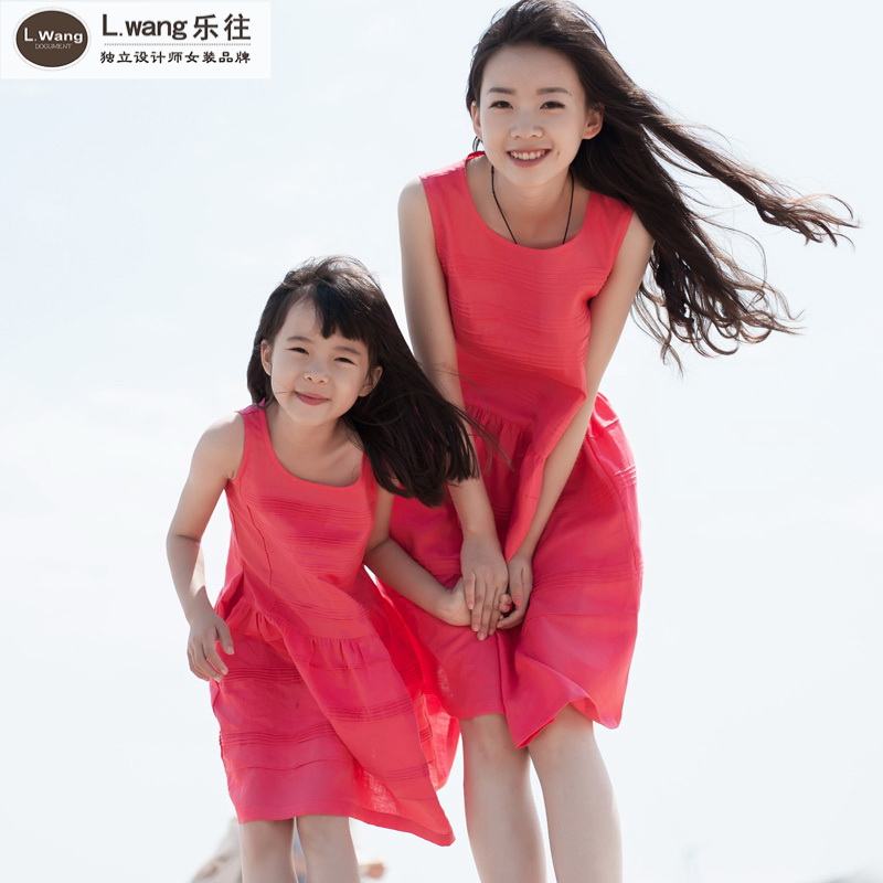 乐往小乐往原创亲子装第1课 海边度假拍照姐妹女童文艺母女亚麻连衣裙