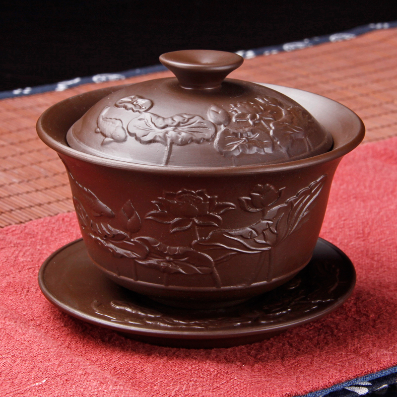 茶杯紫砂功夫泡茶杯子三才碗耐热茶碗刻花敬茶碗茶具 荷花紫砂盖碗