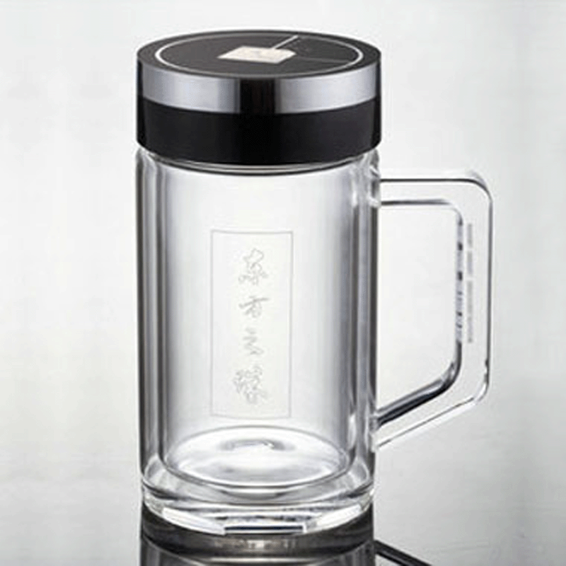 思宝晶透杯玻璃杯子双层带盖东方之珠1号2号透明水杯茶杯耐热防漏 带手柄360ml(无茶隔)