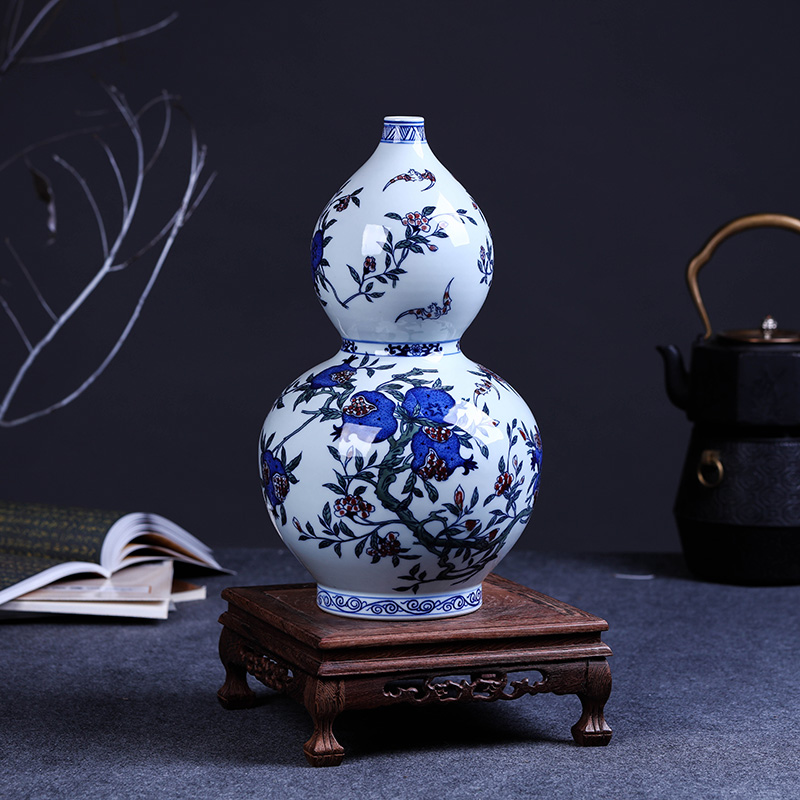 翼榀瓷缘 景德镇陶瓷器仿古青花瓷釉里红葫芦花瓶 古典家居客厅工艺品