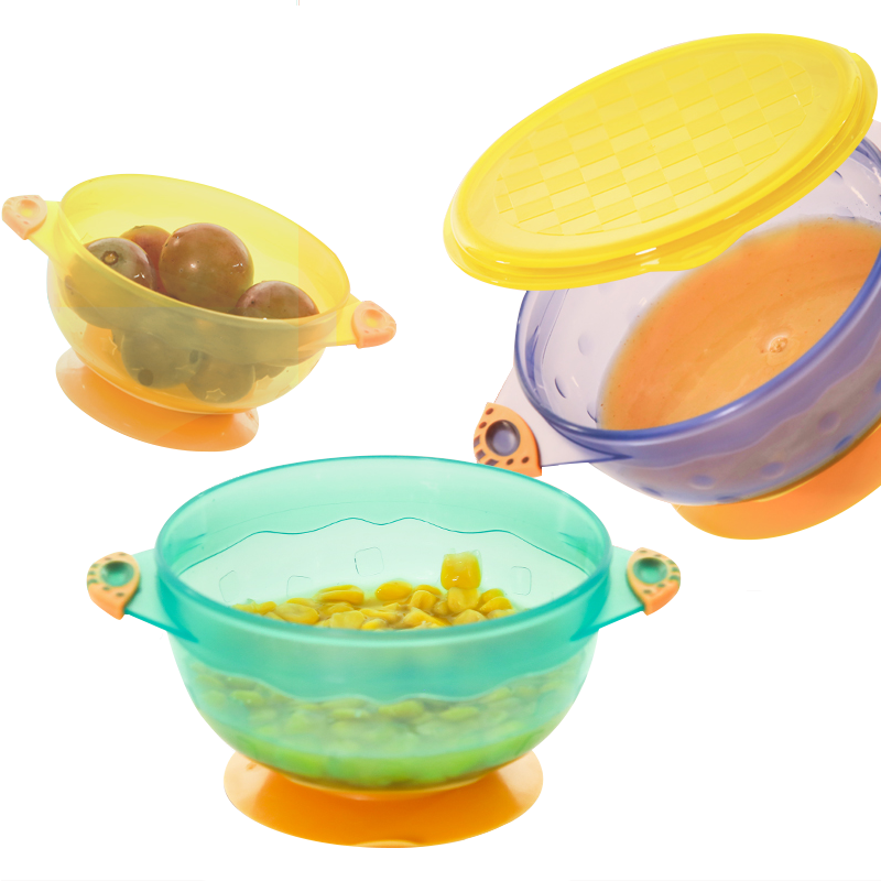 爱音 Aing 儿童宝宝餐具 婴儿强力吸盘碗带盖 辅食碗盒 双耳辅食碗 多彩吸盘碗三件套