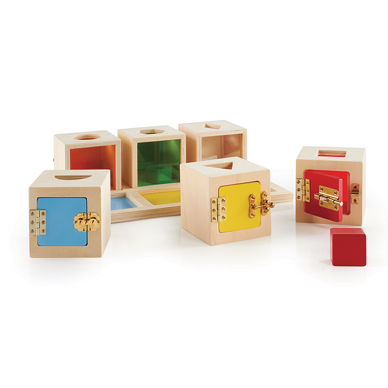Guidecraft儿童建构桌面拼搭早教玩具开锁积木2岁+躲猫猫小锁箱6块套组