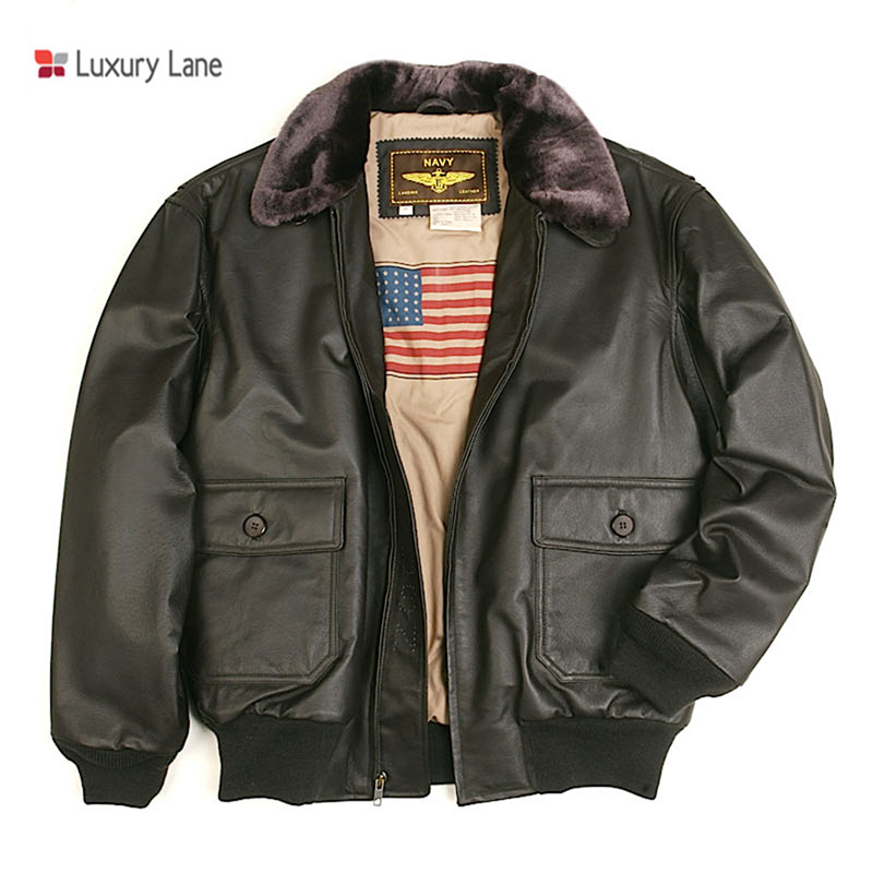 Luxury Lane皮衣男士秋冬新款二战经典G1飞行皮夹克男士外套 可脱卸毛领 加肥加大 深褐色 XS (体重50-60kg)