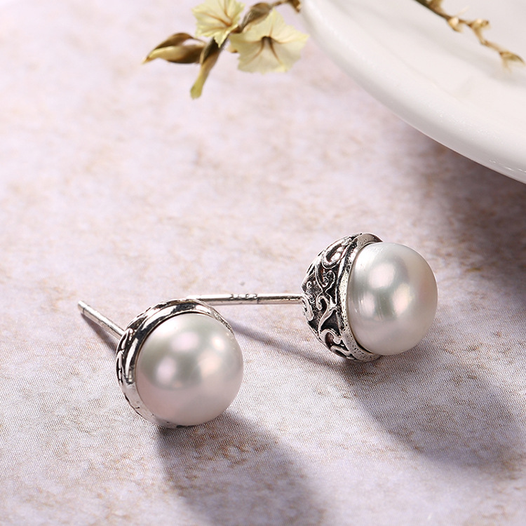 九壹银庄 925银珍珠镶嵌复古花纹耳钉女气质百搭日韩版耳坠饰品母亲节