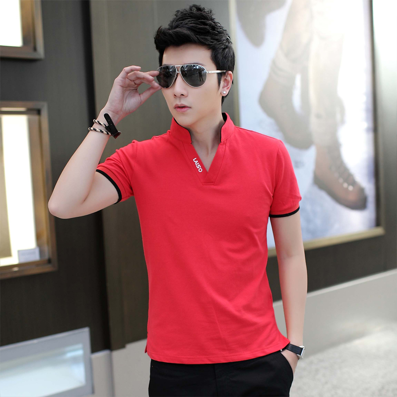 尊玛郎2021 夏季韩版潮流修身男士立领衫纯色V领鸡心领短袖T恤潮牌半袖打底衫 红色 XL