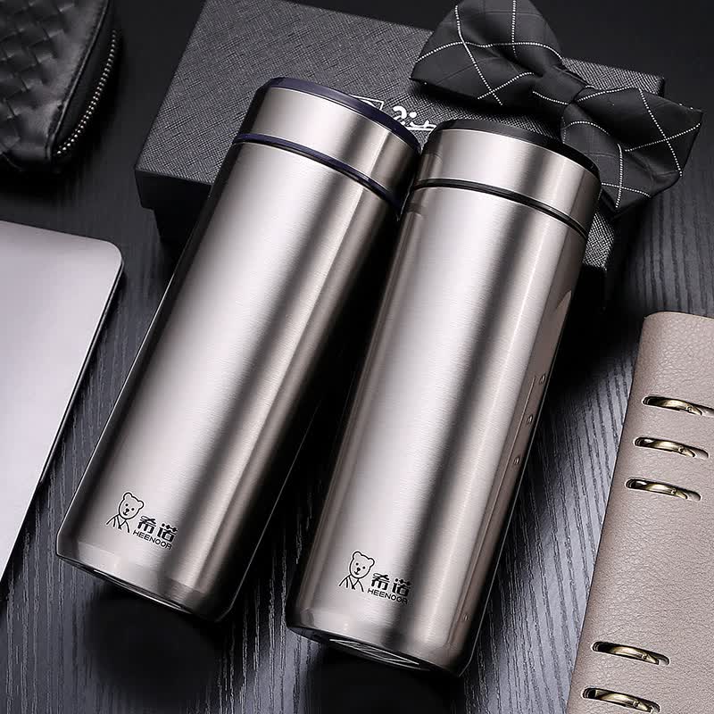 希诺保温杯不锈钢水杯带滤网男女士泡茶杯创意时尚办公杯子 本色370ml
