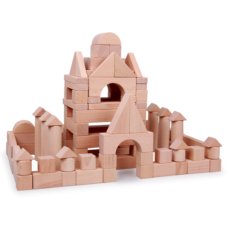 幼儿园拼搭积木玩具儿童实木积木 180粒大颗粒榉木原木建筑积木城堡