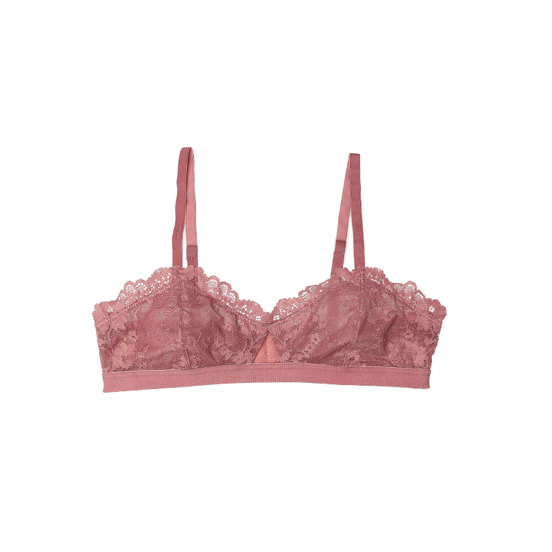 弗利少女抹胸式法式蕾丝内衣女无钢圈性感超薄透气文胸小胸夏季 豆沙红-套装【内裤可备注尺码】 M (适合75AA/A/B)