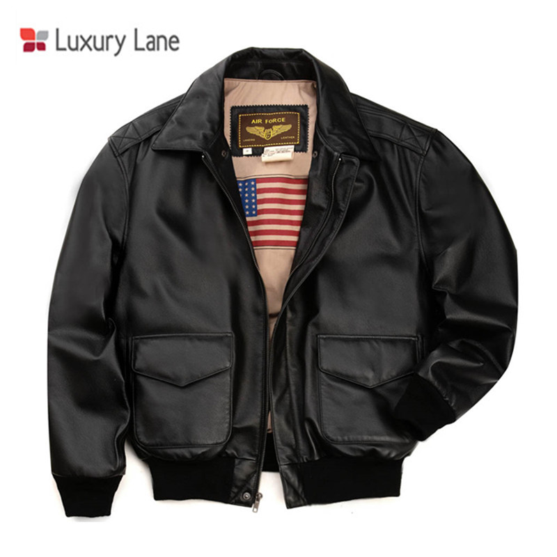 Luxury Lane真皮皮衣夹克男士二战经典A2飞行员皮夹克加棉保暖外套加肥加大 猪皮 黑色 L(体重80-90kg)
