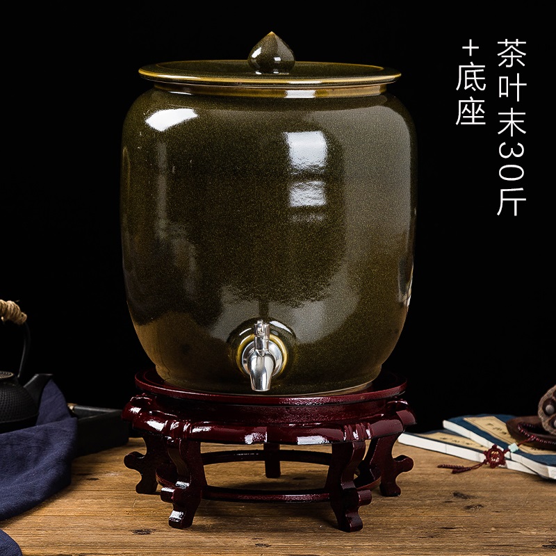 景德鎮(zhèn)陶瓷水缸水桶飲水機(jī)茶壺家用儲(chǔ)米缸酒罐五谷糧油缸10 15 20升 帶龍頭儲(chǔ)水罐大號 茶葉末釉30斤加底座