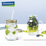 Glasslock进口玻璃复古饮料杯子女韩国清新果汁杯家用玻璃茶杯带盖冷饮水杯 银色 手柄款750ml