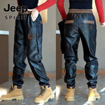 JEEP SPIRIT男士机车皮裤冬季新款加绒加厚休闲裤防寒防风保暖户外束脚裤高端 春秋薄款不加绒-黑色-11 M 建议80-100斤