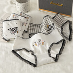 卡拉美拉纯棉内裤女透气三角裤甜美清新女士短裤少女大童内裤 黑白蕾丝卡通款混色 3条 均码 （适合85-120斤）