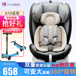 innokids儿童安全座椅0-12岁可坐可躺婴儿车载360度旋转新生儿宝宝座椅正反双向安装翼展骑士 米雪灰-安全带款