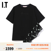 BAPY IT 女装圆领短袖T恤个性时髦logo刺绣叠层荷叶边拼接1178新品 BKX/黑色 XXS 24