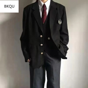 BKQUDK制服dk西装外套jk情侣套装日系学院风百搭潮流男女学生春秋西服 黑色西服+徽章 XL