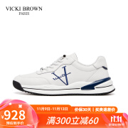 VICKI BROWN【VB男鞋】法国未毕时尚刺绣小白鞋舒适百搭休闲鞋男商务休闲皮鞋 白蓝 39 (欧码)