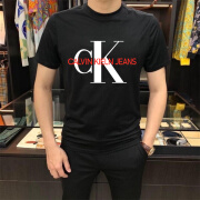 CK24新款男士休闲通勤经典字母印花CK纯棉短袖T恤夏季透气爆款半袖 C1黑色 S