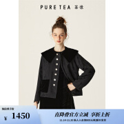 茶·愫【东方枝蔓】puretea茶愫丝绒翻领短外套女肌理提花上衣2024秋新 石墨黑 M