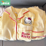 曦牧遥珊瑚绒格子hellokitty猫睡衣女秋冬季加绒加厚卡通学生家居服套装 029绒-黄格kt猫加绒套装 L 建议95-110斤