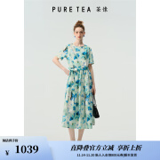 茶·愫【浮生梦蝶】puretea茶愫府绸棉印花连衣裙女系带a字裙2024夏新款 湖蓝 M