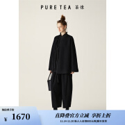 茶·愫【东方学院】puretea茶愫绵羊毛呢短外套女圆领系带斜襟2024秋新 石墨黑 S