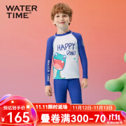 WATERTIME儿童泳衣男孩卡通恐龙印花长袖游泳衣分体五分裤保暖温泉泳衣泳装 蓝白 4码(身高95-115cm 体重13-20kg)