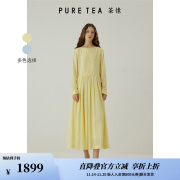 茶·愫【东方文艺】puretea茶愫丝棉长袖连衣裙女高腰打褶长裙2024秋新 浅黄 M