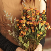 渝鼎福干花花束多头玫瑰风干真花毕业拍照复古客厅装饰摆件天然家居摆设 橙色芭比50朵以上+草+叶