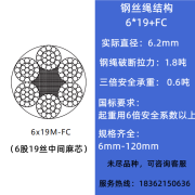 起重索道钢丝绳6股麻芯12141618m国标黑色涂油吊车行车耐磨钢丝绳 6*19 FC-6mm 10m