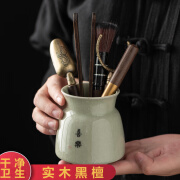 黑檀实木哥窑茶道六君子套装功夫茶具配件大全泡茶工具茶夹勺 哥窑米黄茶道六君子-鸿运