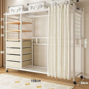 盛汐简易衣柜挂衣架落地卧室家用防尘衣帽架可移动置物架钢制开放式 158-纱帘款钢木柜-白色