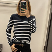 汤米·希尔费格（Tommy Hilfiger）女士秋冬季新款时尚条纹一字肩横领套头针织衫毛衣 1#藏青色条纹3282    410 代购XXS