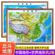 北斗地图全2张便携式3d凹凸立体地图 中国地形和世界地形学生专用新版地理地形图儿童版小学生中学生适用三维地势地貌模型挂图墙纸