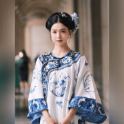 嬅欣青花瓷马面裙格格旗装清朝服装晚清汉服女印花上衣套装2023新款秋 白蓝色上衣 均码印花颜色以实物为准