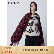 ERDOS 秋冬羊绒水纹单层格复古百搭保暖围巾女士披肩 中国红 180cmX70cm