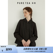 茶·愫【锻花织带】puretea茶愫彼得潘娃娃领衬衫女撞料木耳边2024秋新 石墨黑 M