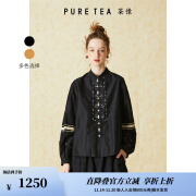 茶·愫【半䇳花语】puretea茶愫中式门襟刺绣衬衫女花边织带2024秋新款 石墨黑 L