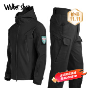 Walker Shop品牌冲锋衣套装男户外鲨鱼皮软壳秋冬防风透气加绒保暖男士两件套 黑色【外套+裤子】 4XL