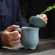 唐蕴牛奶燕麦片早餐杯咖啡杯子带盖水杯女陶瓷马克杯北欧可爱少女 【龙头办公杯-汝窑天青-礼盒装】 301-400ml