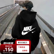 耐克（NIKE） 美式秋冬宽松纯棉连帽卫衣男女慵懒风小个子百搭套头上衣 黑色白图NK 3XL