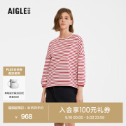 AIGLE艾高七分袖T恤春夏经典款户外休闲时尚条纹圆领女士上衣 红色 BC621 38