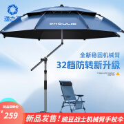 渔之源2025新款钓伞32档加厚黑胶大钓伞豌豆战士遮阳防晒机械臂拐杖钓鱼 2.4米 雾蓝【32档防转专利手杖+30cm地插】