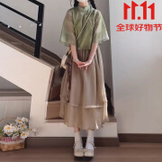 艾莱克优汉服女初中生新中式连衣裙套装少女夏装2024新款初中高中学生汉服 绿衣褐色裙两件套装 S