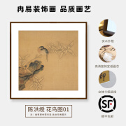 陈洪绶餐厅装饰画中古风客厅挂画茶室宋代美学花鸟画绢丝国画 陈洪绶-丛竹戴胜01 43*43cm(绢丝画芯+立体卡纸) 黑胡桃木色-窄边框北美黄金檀木