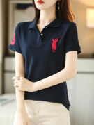 POLO SPORT2024新款保罗女POLO领纯棉短袖休闲运动百搭商务T恤 藏蓝色 XL  120-130斤