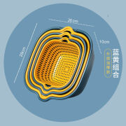 新款厨房拼色双层沥水篮家用方形多功能水果蔬菜盆大号六件套批发 蓝+黄六件套