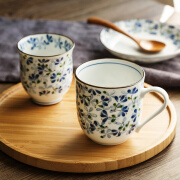 光峰日本进口小蓝芽陶瓷茶杯水杯和风手握杯寿司餐厅日式汤吞杯子釉下 有柄茶杯 单个